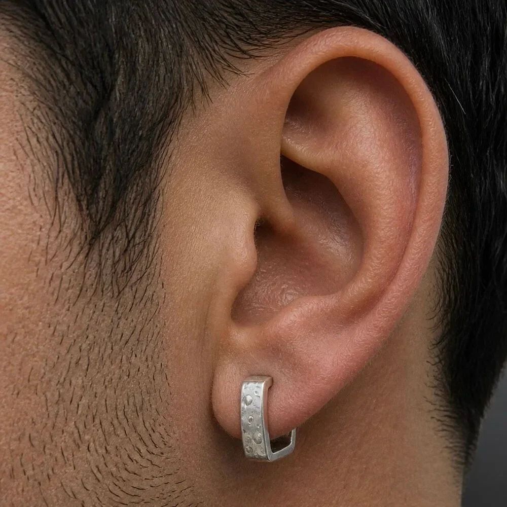 Men’s Hammered Square Silver Tone Hoop Earrings